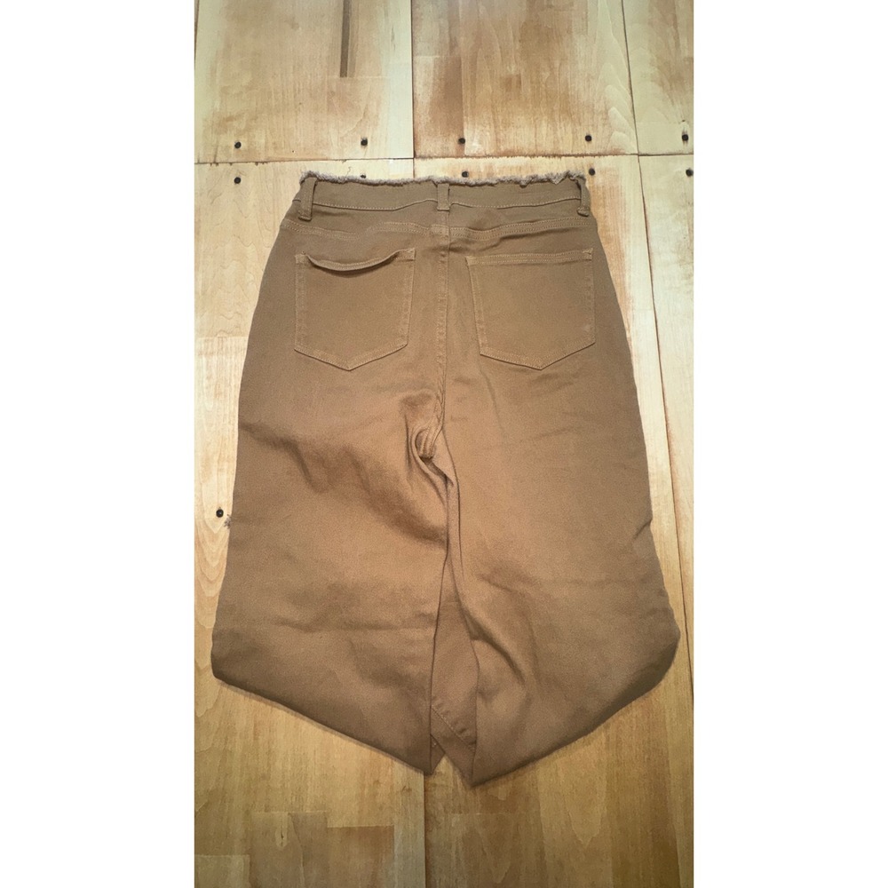 High Rise Wide Leg Flare Jeans Camel Brown Frayed‎ Raw Hem Denim Pants 28 Waist - Picture 3 of 6